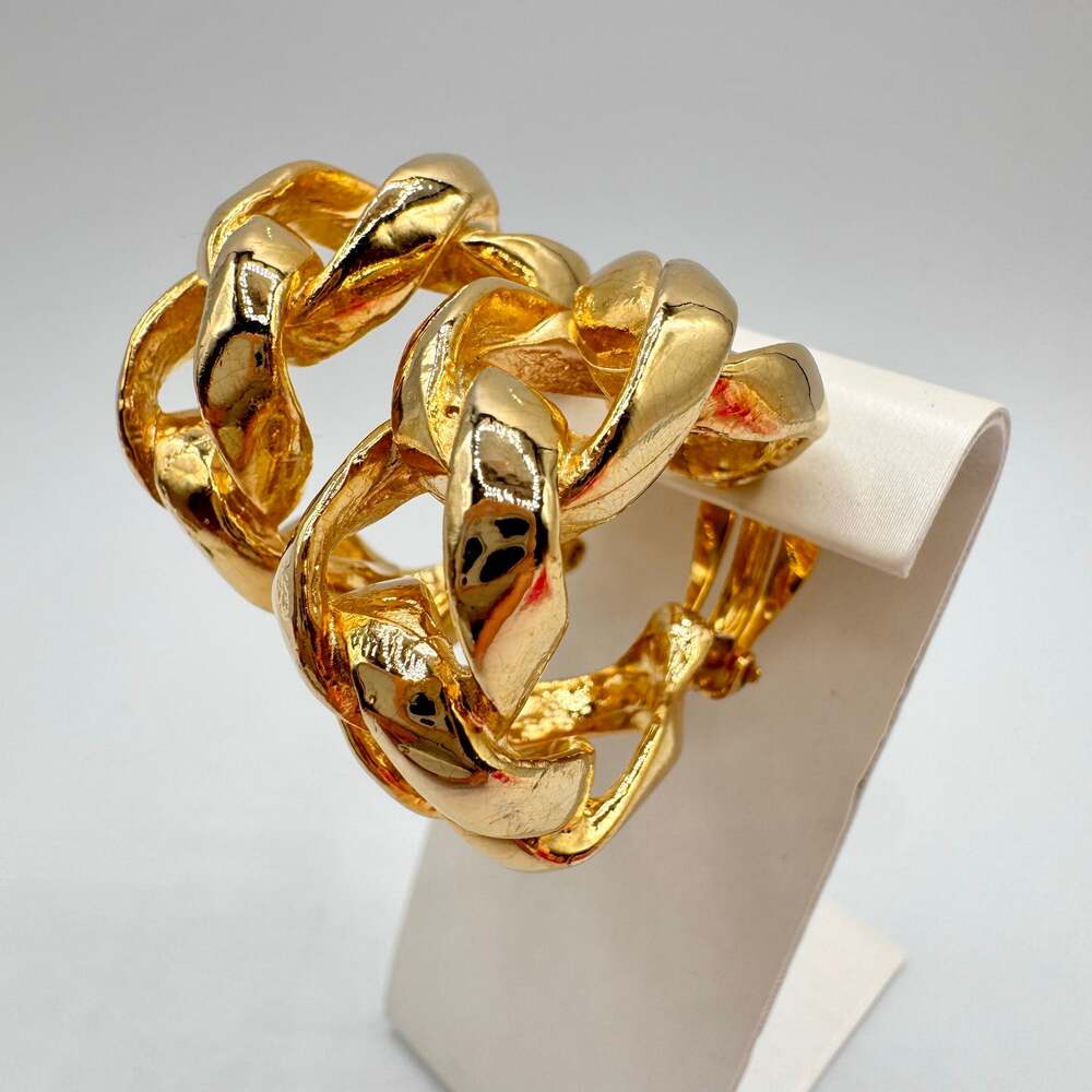 Vintage Chunky Link Hoop Clip On Earrings 80s Runway Designer Style Gold Tone